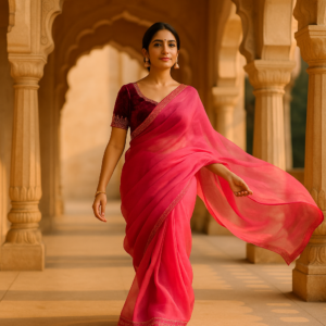 Pink Organza Saree with Velvet Blouse
