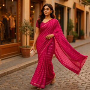 Pink Soft Georgette weaved Silver lines & Border Saree with Designer Blouse