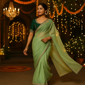 Light Green Organza Saree with Gota Patti Work and Designer Blouse – Elegant Wedding & Festive Wear