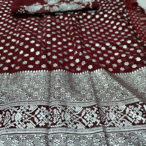 Red Georgette Silver foil Printed Saree with Designer Blouse