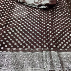 Brown Georgette Silver foil Printed Saree with Designer Blouse