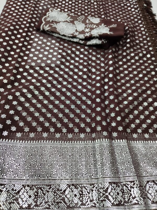 Brown Georgette Silver foil Printed Saree with Designer Blouse - Image 2