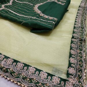 Lemon Green Organza Saree with gota patti work with Designer Blouse