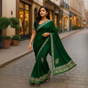 Green Heavy Pattern Zomato Saree with Printed Border & Siroski work