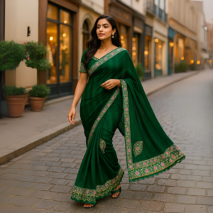 Green Heavy Pattern Zomato Saree with Printed Border & Siroski work
