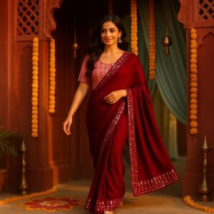 Maroon Zomato Saree with Readymade Blouse – Designer Look