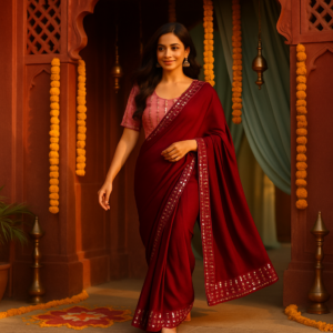 Maroon Zomato Saree with Readymade blouse