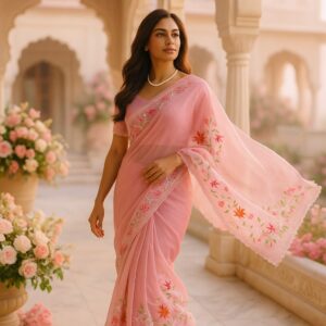 Peach Organza Saree with Pearl & Embroidery Work and Blouse – Elegant Designer Wear for Women