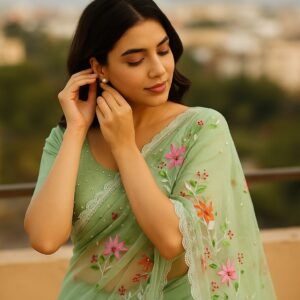 Green Organza Saree with Pearl & Embroidery Work and Blouse – Elegant Party & Wedding Wear