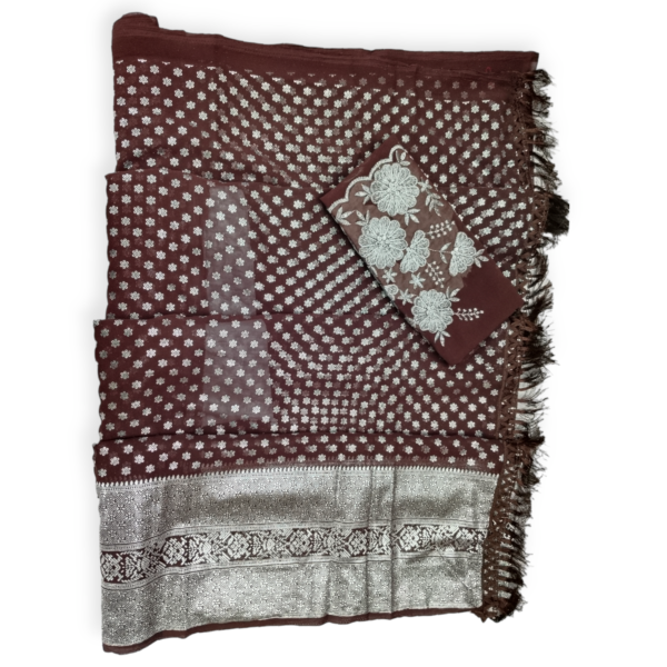 Brown Georgette Silver foil Printed Saree with Designer Blouse - Image 4