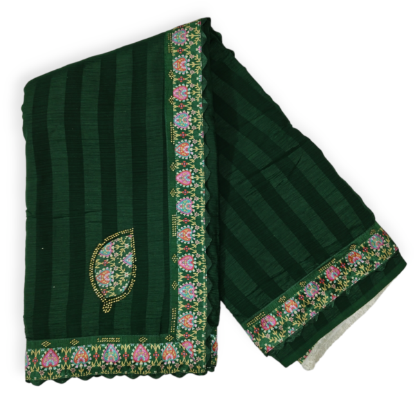 Green Heavy Pattern Zomato Saree with Printed Border & Siroski work - Image 3