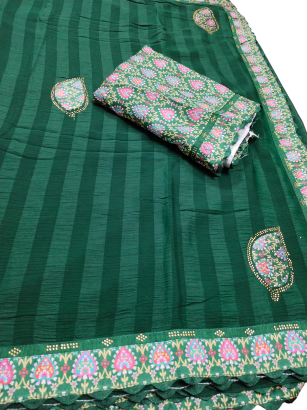 Green Heavy Pattern Zomato Saree with Printed Border & Siroski work - Image 2