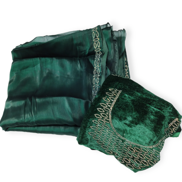 Green Organza Saree with Velvet Blouse - Image 2