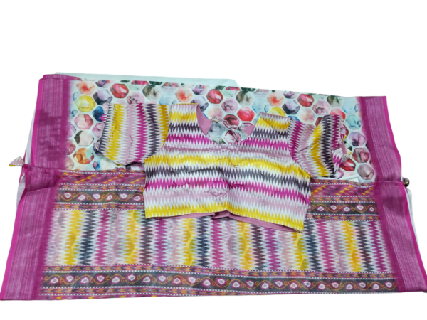 Pink Digital Print Linen Saree with Readymade Blouse - Image 2