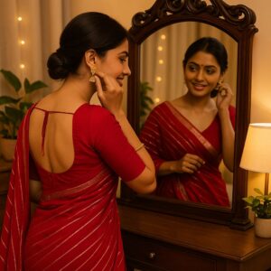 Red Soft Georgette weaved silver lines & siroski border Saree Designer Blouse
