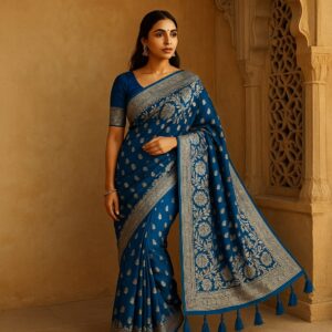 Blue Pure Heavy Silk Saree with Blouse – Royal Wedding & Festive Wear for Women