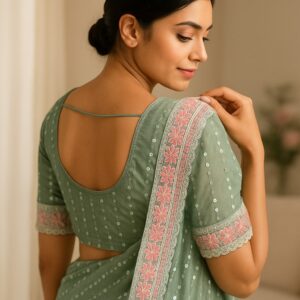Pista Green Handwork Concept Fancy Border Georgette Saree with Designer Blouse