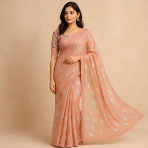 Peach Chiffon Saree with Elegant Chikan Embroidered Blouse