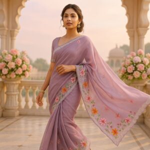 Light Purple Organza Saree with Pearl & Embroidery Work and Blouse – Elegant Wedding & Festive Wear