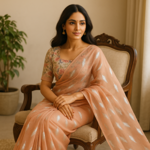 Peach Chiffon Saree with Elegant Chikan Embroidered Blouse