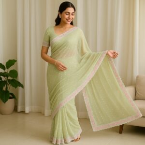Light Green Handwork Concept Fancy Border Georgette Saree with Designer Blouse