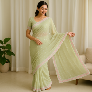 Light Green Handwork Concept Fancy Border Georgette Saree with Designer Blouse