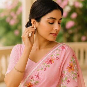 Peach Organza Saree with Pearl & Embroidery Work and Blouse – Elegant Designer Wear for Women