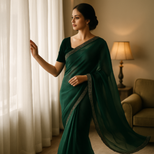 Green Organza Saree with Velvet Blouse
