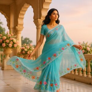 Sky Blue Organza Saree with Pearl & Embroidery Work and Blouse – Designer Wedding & Festive Saree