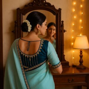 Blue Organza Saree with Gota Patti Work and Designer Blouse – Elegant Festive & Wedding Wear