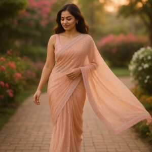 Peach Handwork Concept Fancy Border Georgette Saree with Designer Blouse