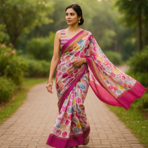 Pink Digital Print Linen Saree with Readymade Blouse