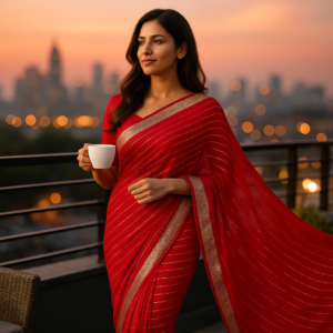 Red Soft Georgette weaved silver lines & siroski border Saree Designer Blouse