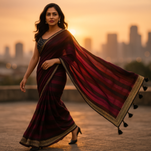 Wine Chanderi Silk biskos zari Crush feel Saree with Designer Blouse