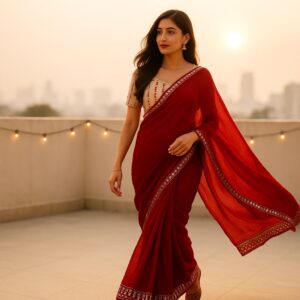 Red Zomato Saree with Readymade Blouse – Pre-Stitched Festive & Party Wear Saree for Women