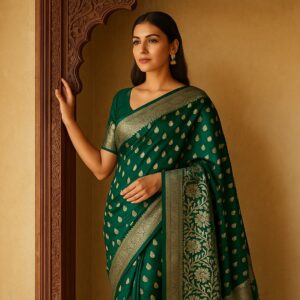 Green Pure Heavy Silk Saree with Blouse – Royal Wedding & Festive Saree for Women