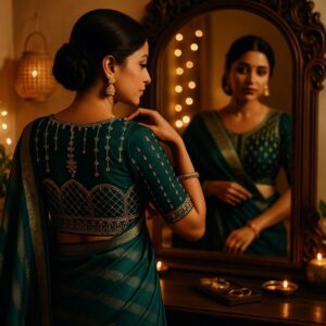 Rama Green Chanderi Silk biskos zari Crush feel Saree with Designer Blouse