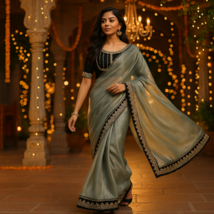Grey Organza Saree with gota patti work with Designer Blouse