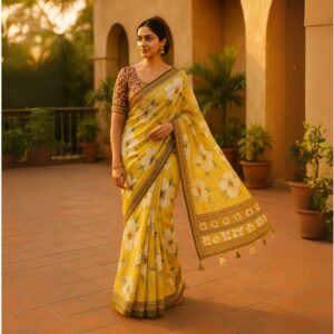 Yellow Digital Print Linen Saree with Readymade Blouse