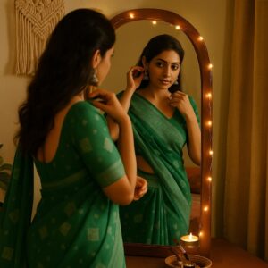 Light Green Ajrakh Kasturi Saree – Soft Elegance, Handcrafted to Charm