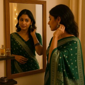 Green Ajrakh Kasturi Saree – An Heirloom of Elegance