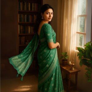 Light Green Ajrakh Kasturi Saree – Soft Elegance, Handcrafted to Charm