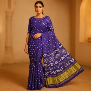 Blue Gajji Silk Bandhani Saree with Blouse – Timeless Elegance Woven in Heritage