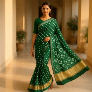 Green Gajji Silk Bandhani Saree with Blouse – A Handcrafted Symbol of Grace & Heritage