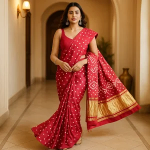 Red Gajji Silk Bandhani Saree with Blouse – A Classic of Grace, Tradition & Celebration