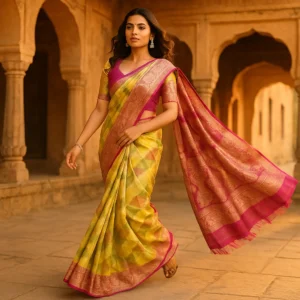 Banarasi Silk Saree with Geometric Weave & Rich Zari Border – Timeless Elegance in Every Fold