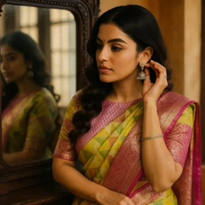 Banarasi Silk Saree with Geometric Weave & Rich Zari Border – Timeless Elegance in Every Fold