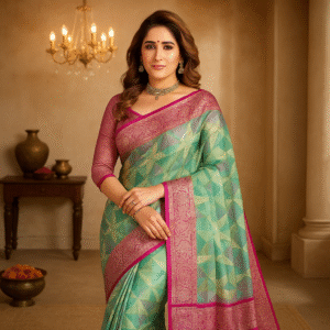 Green & Pink Banarasi Kora Silk Saree with Rich Zari Weaving | Lightweight, Festive & Wedding-Ready