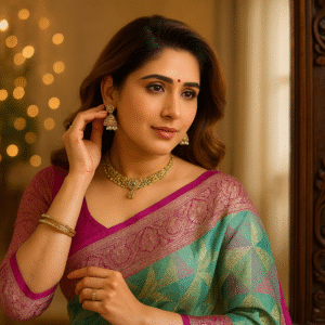 Green & Pink Banarasi Kora Silk Saree with Rich Zari Weaving | Lightweight, Festive & Wedding-Ready