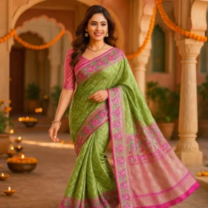 Green & Pink Banarasi Kora Silk Saree with Rich Zari - Lightweight Festive Elegance